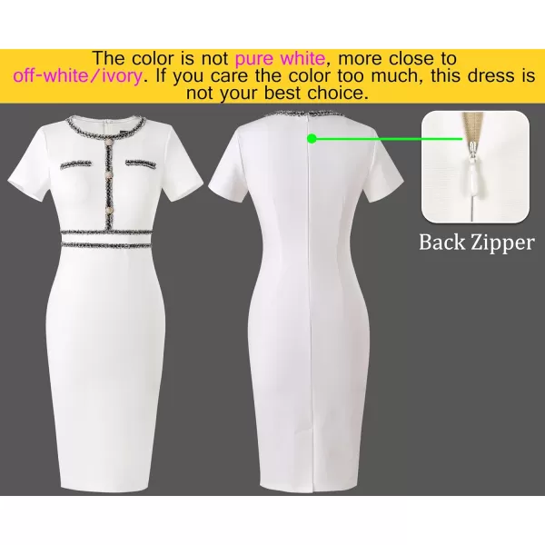 VFSHOW Womens Button Crew Neck Slim Wear to Work Office Party Bodycon Pencil DressOffwhite With Black Tweed Trim