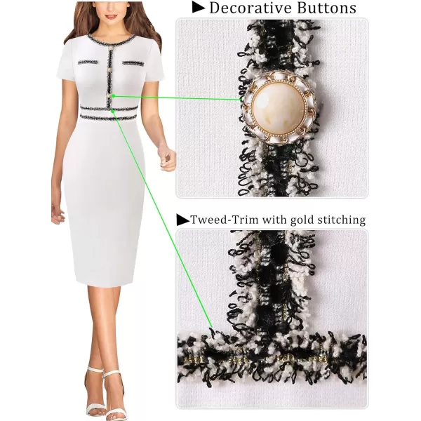 VFSHOW Womens Button Crew Neck Slim Wear to Work Office Party Bodycon Pencil DressOffwhite With Black Tweed Trim