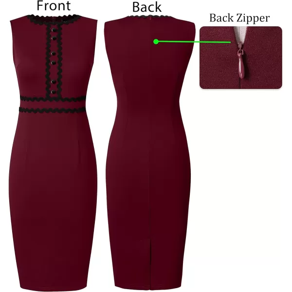 VFSHOW Womens Button Patchwork Trim Crew Neck Slim Wear to Work Office Business Party Bodycon Dark Red Pencil Sheath Dress 10186 RED XXLVFSHOW Womens Button Patchwork Trim Crew Neck Slim Wear to Work Office Business Party Bodycon Dark Red Pencil Sheath Dress 10186 RED XXL