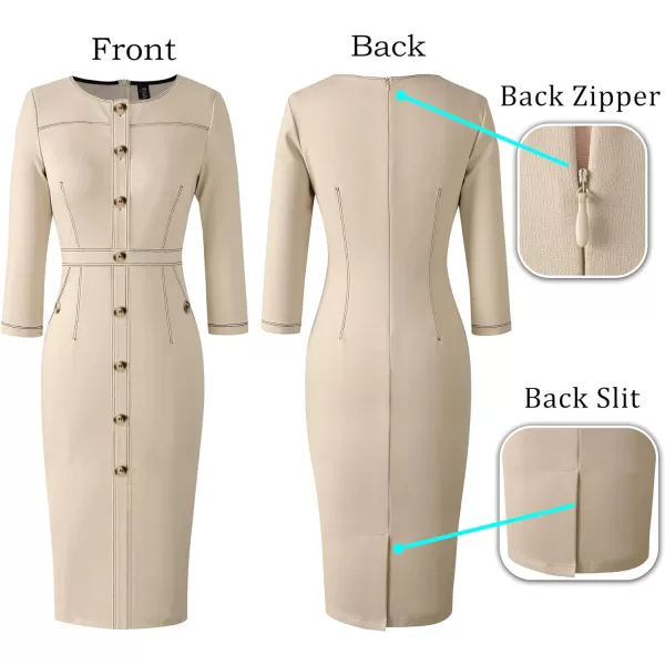 VFSHOW Womens Buttons Front Patchwork Work Business Office Bodycon Pencil Dress Professional Career Slim Fitted Sheath DressBeige 34 Sleeve