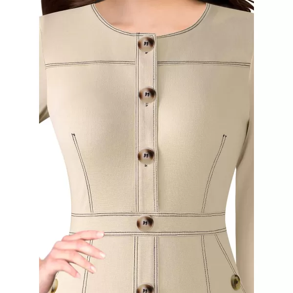 VFSHOW Womens Buttons Front Patchwork Work Business Office Bodycon Pencil Dress Professional Career Slim Fitted Sheath DressBeige 34 Sleeve