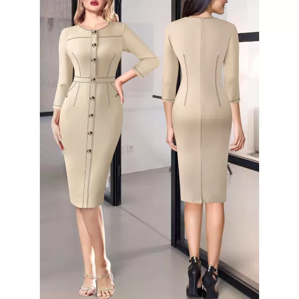 VFSHOW Womens Buttons Front Patchwork Work Business Office Bodycon Pencil Dress Professional Career Slim Fitted Sheath DressBeige 34 Sleeve