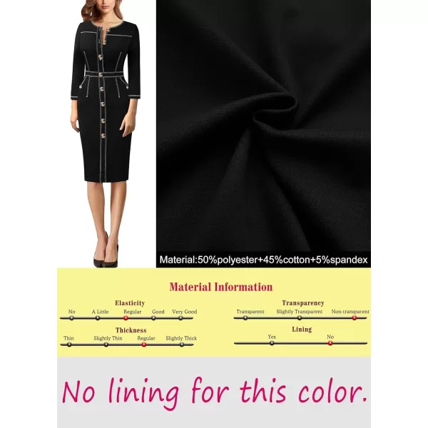 VFSHOW Womens Buttons Front Patchwork Work Business Office Bodycon Pencil Dress Professional Career Slim Fitted Sheath DressBlack 34 Sleeve