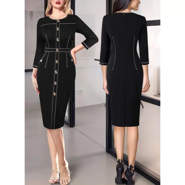 VFSHOW Womens Buttons Front Patchwork Work Business Office Bodycon Pencil Dress Professional Career Slim Fitted Sheath DressBlack 34 Sleeve