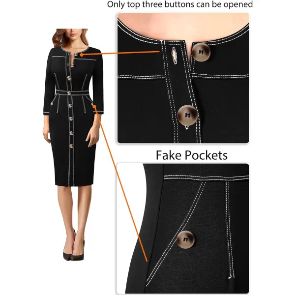 VFSHOW Womens Buttons Front Patchwork Work Business Office Bodycon Pencil Dress Professional Career Slim Fitted Sheath DressBlack 34 Sleeve