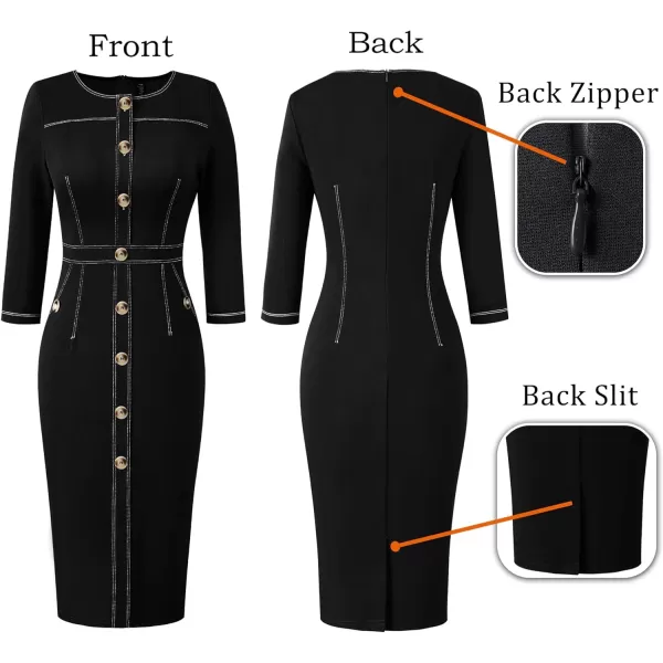 VFSHOW Womens Buttons Front Patchwork Work Business Office Bodycon Pencil Dress Professional Career Slim Fitted Sheath DressBlack 34 Sleeve