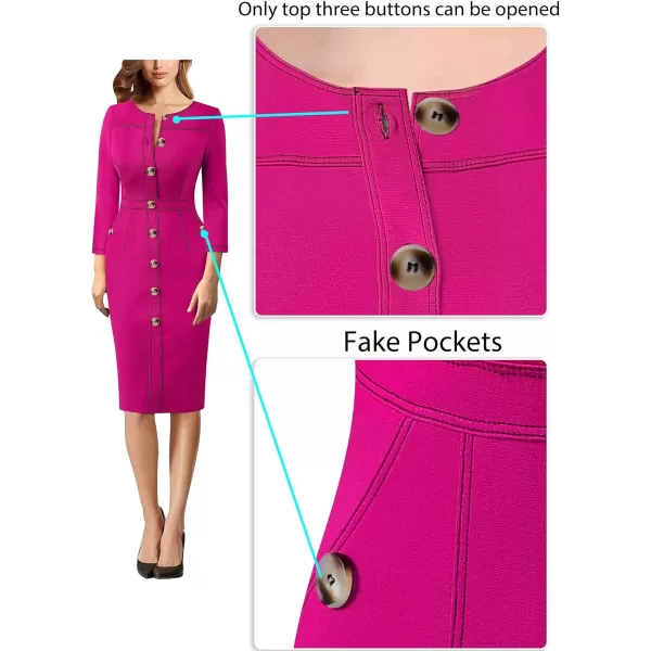 VFSHOW Womens Buttons Front Patchwork Work Business Office Bodycon Pencil Dress Professional Career Slim Fitted Sheath DressHot Pink 34 Sleeve