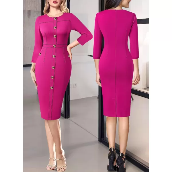 VFSHOW Womens Buttons Front Patchwork Work Business Office Bodycon Pencil Dress Professional Career Slim Fitted Sheath DressHot Pink 34 Sleeve