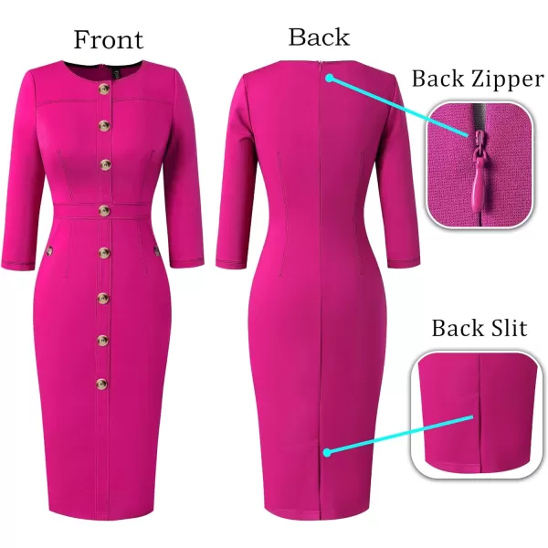 VFSHOW Womens Buttons Front Patchwork Work Business Office Bodycon Pencil Dress Professional Career Slim Fitted Sheath DressHot Pink 34 Sleeve