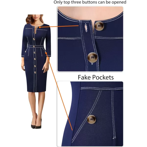 VFSHOW Womens Buttons Front Patchwork Work Business Office Bodycon Pencil Dress Professional Career Slim Fitted Sheath DressNavy Blue 34 Sleeve