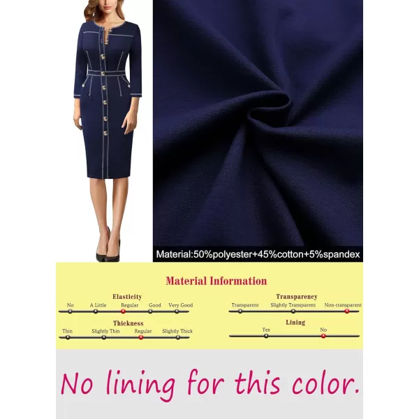 VFSHOW Womens Buttons Front Patchwork Work Business Office Bodycon Pencil Dress Professional Career Slim Fitted Sheath DressNavy Blue 34 Sleeve