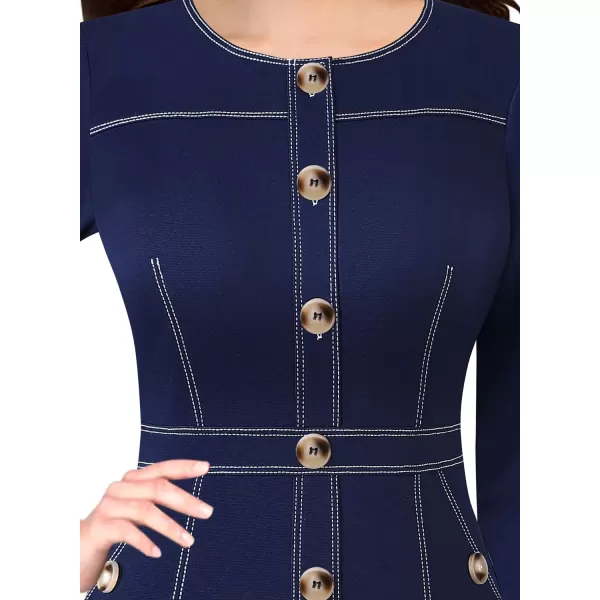 VFSHOW Womens Buttons Front Patchwork Work Business Office Bodycon Pencil Dress Professional Career Slim Fitted Sheath DressNavy Blue 34 Sleeve