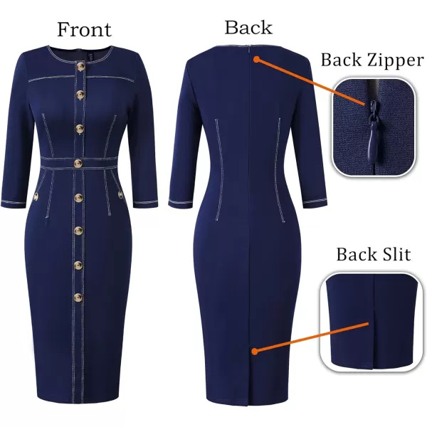 VFSHOW Womens Buttons Front Patchwork Work Business Office Bodycon Pencil Dress Professional Career Slim Fitted Sheath DressNavy Blue 34 Sleeve