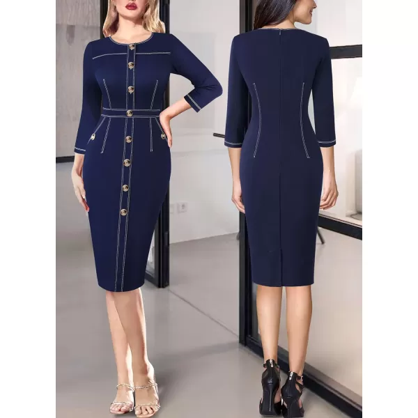 VFSHOW Womens Buttons Front Patchwork Work Business Office Bodycon Pencil Dress Professional Career Slim Fitted Sheath DressNavy Blue 34 Sleeve