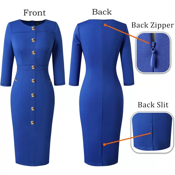 VFSHOW Womens Buttons Front Patchwork Work Business Office Bodycon Pencil Dress Professional Career Slim Fitted Sheath DressRoyal Blue 34 Sleeve