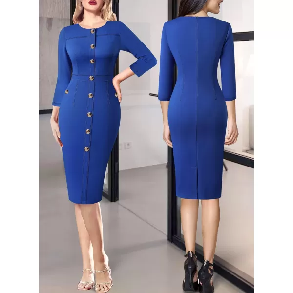 VFSHOW Womens Buttons Front Patchwork Work Business Office Bodycon Pencil Dress Professional Career Slim Fitted Sheath DressRoyal Blue 34 Sleeve