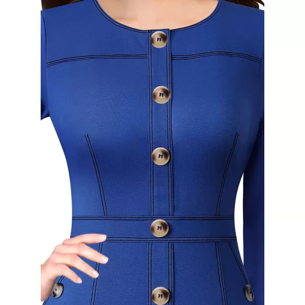 VFSHOW Womens Buttons Front Patchwork Work Business Office Bodycon Pencil Dress Professional Career Slim Fitted Sheath DressRoyal Blue 34 Sleeve