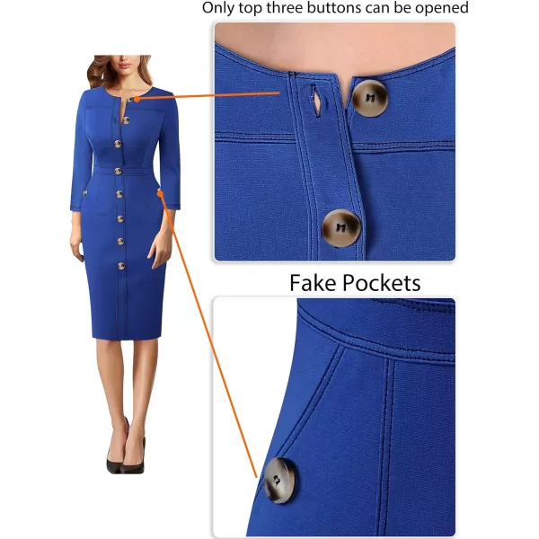 VFSHOW Womens Buttons Front Patchwork Work Business Office Bodycon Pencil Dress Professional Career Slim Fitted Sheath DressRoyal Blue 34 Sleeve