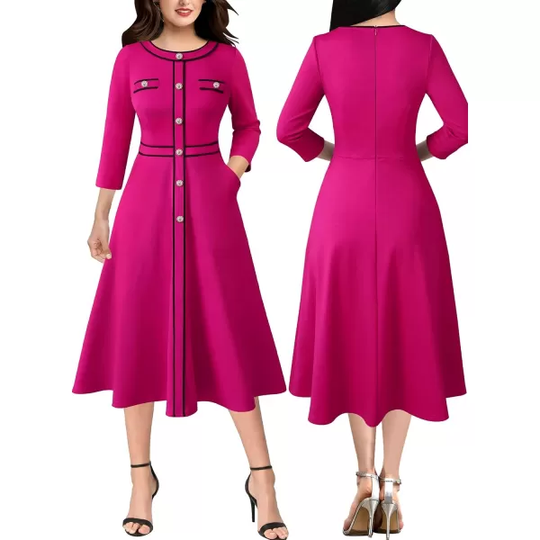 VFSHOW Womens Buttons Patchwork Business Work Office ALine Midi Crew Neck Professional Career Fit and Flare MidCalf DressHot Pink34 Sleeve