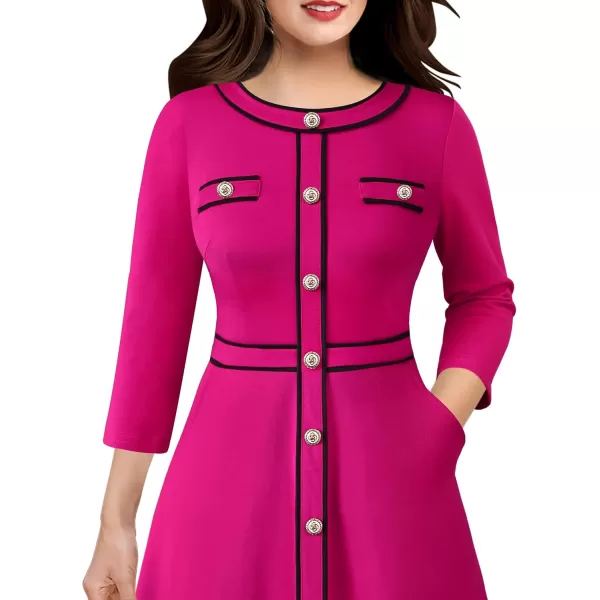 VFSHOW Womens Buttons Patchwork Business Work Office ALine Midi Crew Neck Professional Career Fit and Flare MidCalf DressHot Pink34 Sleeve