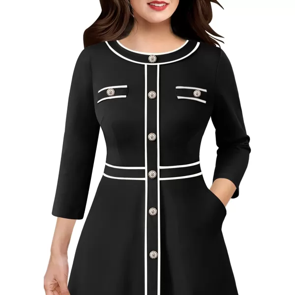 VFSHOW Womens Buttons Patchwork Business Work Office ALine Midi Crew Neck Professional Career Fit and Flare MidCalf DressSolid Black34 Sleeve