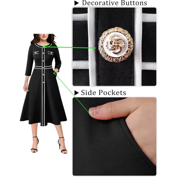 VFSHOW Womens Buttons Patchwork Business Work Office ALine Midi Crew Neck Professional Career Fit and Flare MidCalf DressSolid Black34 Sleeve