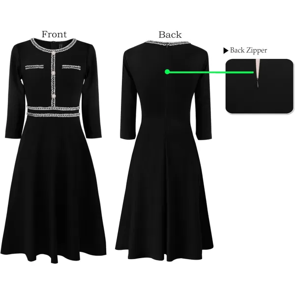 VFSHOW Womens Buttons Pockets Slim Wear to Work Office Business Bodycon ALine DressBlack With Tweed Trim34 Sleeves