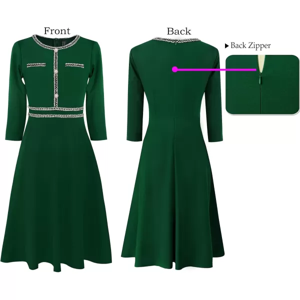 VFSHOW Womens Buttons Pockets Slim Wear to Work Office Business Bodycon ALine DressGreen With Tweed Trim a Line