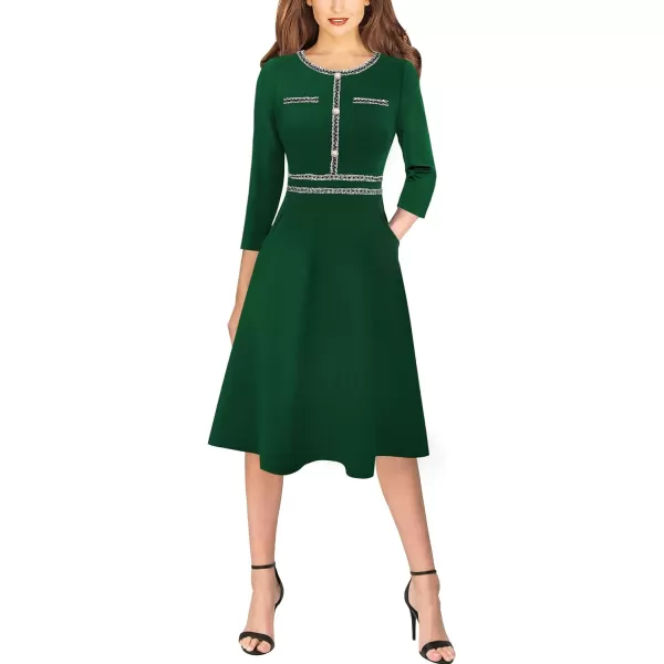 VFSHOW Womens Buttons Pockets Slim Wear to Work Office Business Bodycon ALine DressGreen With Tweed Trim a Line