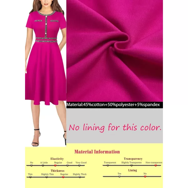 VFSHOW Womens Buttons Pockets Slim Wear to Work Office Business Bodycon ALine DressHot Pink With Tweed Trim