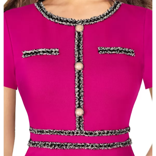 VFSHOW Womens Buttons Pockets Slim Wear to Work Office Business Bodycon ALine DressHot Pink With Tweed Trim