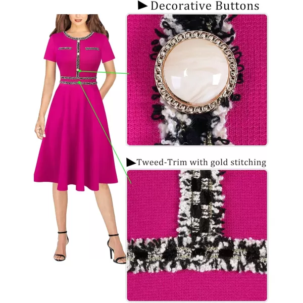 VFSHOW Womens Buttons Pockets Slim Wear to Work Office Business Bodycon ALine DressHot Pink With Tweed Trim