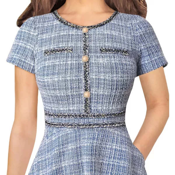 VFSHOW Womens Buttons Pockets Slim Wear to Work Office Business Bodycon ALine DressLight Blue Tweed Short Sleeves