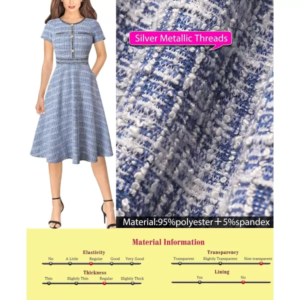 VFSHOW Womens Buttons Pockets Slim Wear to Work Office Business Bodycon ALine DressLight Blue Tweed Short Sleeves