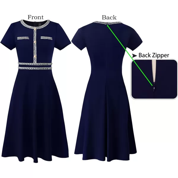 VFSHOW Womens Buttons Pockets Slim Wear to Work Office Business Bodycon ALine DressNavy Blue  Tweed Trim a Line