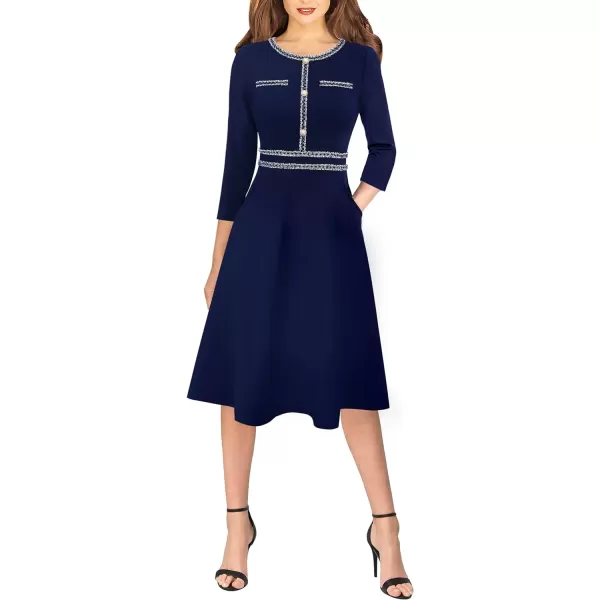 VFSHOW Womens Buttons Pockets Slim Wear to Work Office Business Bodycon ALine DressNavy Blue With Tweed Trim a Line