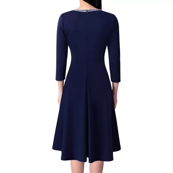 VFSHOW Womens Buttons Pockets Slim Wear to Work Office Business Bodycon ALine DressNavy Blue With Tweed Trim a Line