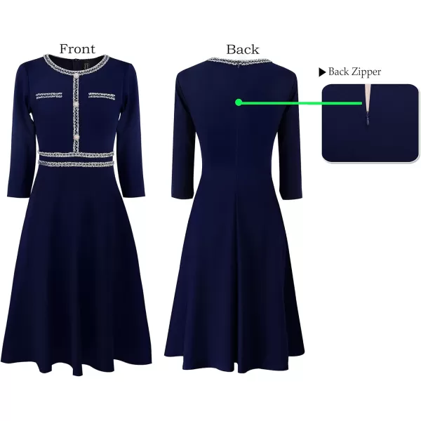 VFSHOW Womens Buttons Pockets Slim Wear to Work Office Business Bodycon ALine DressNavy Blue With Tweed Trim a Line