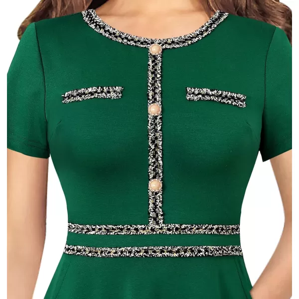 VFSHOW Womens Buttons Pockets Slim Wear to Work Office Business Bodycon ALine DressSolid Green With Tweed Trim