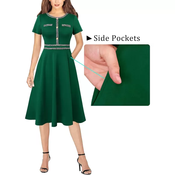 VFSHOW Womens Buttons Pockets Slim Wear to Work Office Business Bodycon ALine DressSolid Green With Tweed Trim