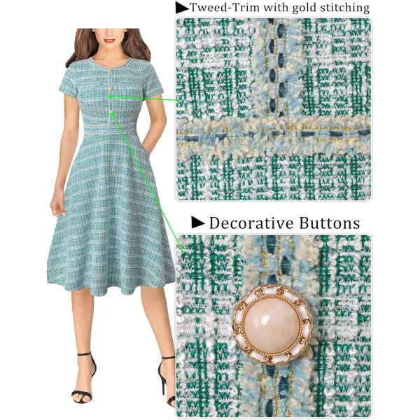 VFSHOW Womens Buttons Pockets Slim Wear to Work Office Business Bodycon ALine DressTeal Green Tweed With Tweed Trim2