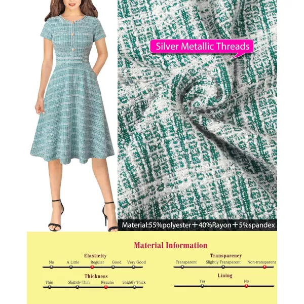 VFSHOW Womens Buttons Pockets Slim Wear to Work Office Business Bodycon ALine DressTeal Green Tweed With Tweed Trim2