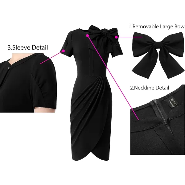 VFSHOW Womens Celebrity Vintage Bowknot Cocktail Party Stretch Bodycon DressBlack Faux Wrap Design