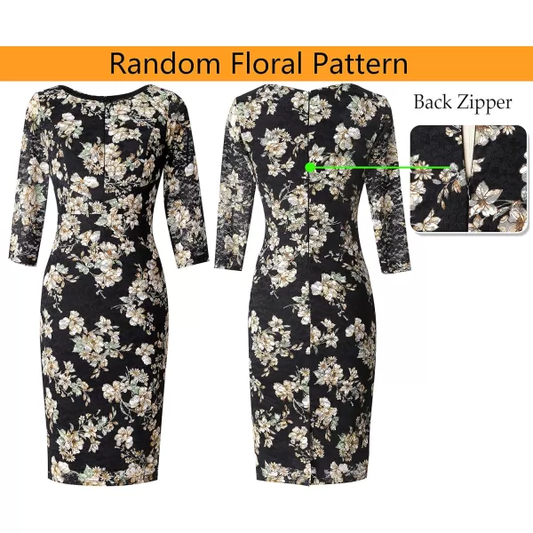 VFSHOW Womens Cocktail Lace Elegant Front Zipper Party Bodycon Pencil Sheath DressBlack Lace Beige Floral Print