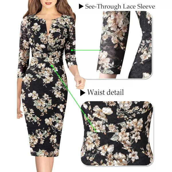 VFSHOW Womens Cocktail Lace Elegant Front Zipper Party Bodycon Pencil Sheath DressBlack Lace Beige Floral Print