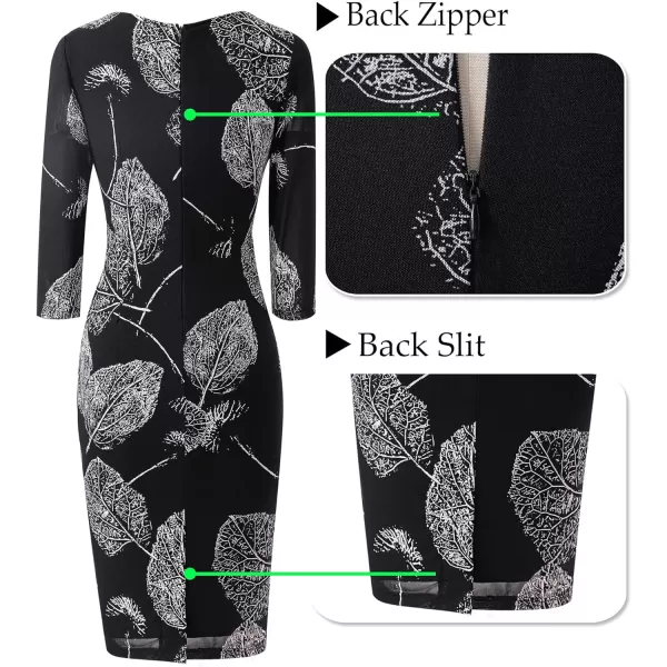 VFSHOW Womens Cocktail Lace Elegant Front Zipper Party Bodycon Pencil Sheath DressBlack and White Leaf Print