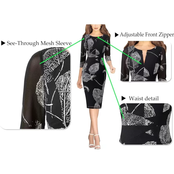 VFSHOW Womens Cocktail Lace Elegant Front Zipper Party Bodycon Pencil Sheath DressBlack and White Leaf Print