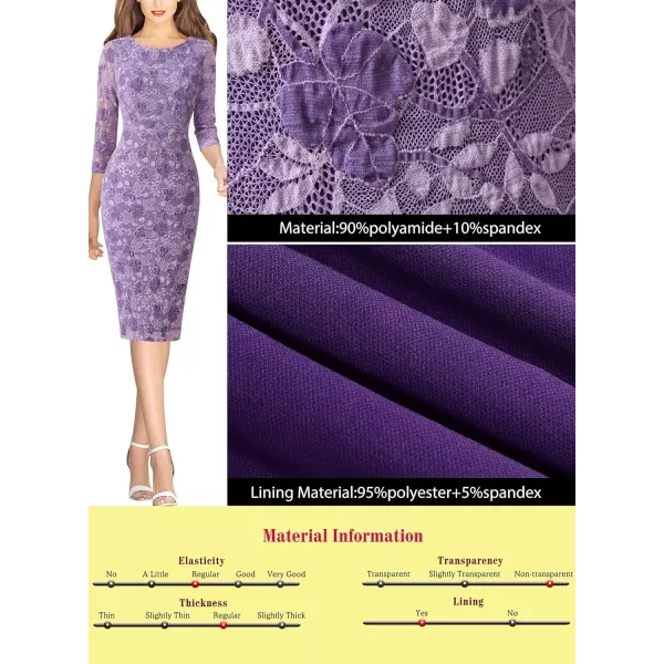 VFSHOW Womens Cocktail Lace Elegant Front Zipper Party Bodycon Pencil Sheath DressLight Purple Floral Lace