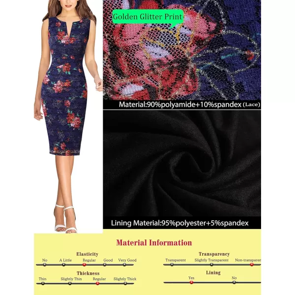 VFSHOW Womens Cocktail Lace Elegant Front Zipper Party Bodycon Pencil Sheath DressNavy Blue and Floral Printed Lace3