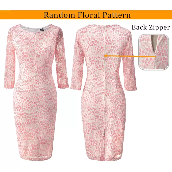 VFSHOW Womens Cocktail Lace Elegant Front Zipper Party Bodycon Pencil Sheath DressPink Floral Printed Lace